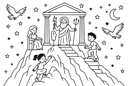 Mount Olympus Enchantment. Enchanted Mount Olympus with gods, children climbing, eagles, and stars shining above, black and white