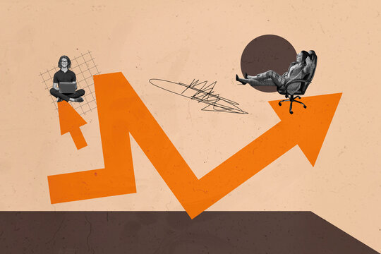 Collage of a person woman man toward digital arrows rising graphics representing progress success and business ambition - Powered by Adobe