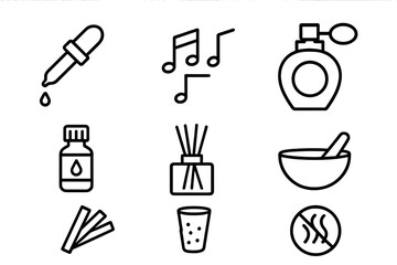 Fototapeta premium Perfumery Line Icons. Line style icons of Perfumery: Pipette, Notes of Fragrance, Scent Bottle, Essential Oil, Diffuser, Mixing