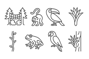 Naklejka premium Rainforest Line Icons. Line style icons of Rainforest Canopy: Canopy Walkway, Howler Monkey, Toucan, Bromeliad, Liana, Tree Frog,