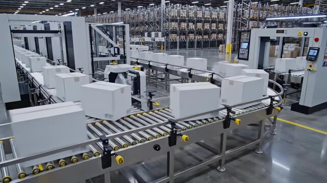 efficient warehouse automation processes, robotic systems optimize parcel handling operations, automation technology enhances throughput and accuracy in modern warehouse environments
