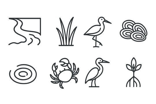 Estuary Line Icons. Line style icons of Estuary: River Mouth, Marsh Grass, Wading Bird, Oyster Bed, Water Ripple, Crab, Heron,