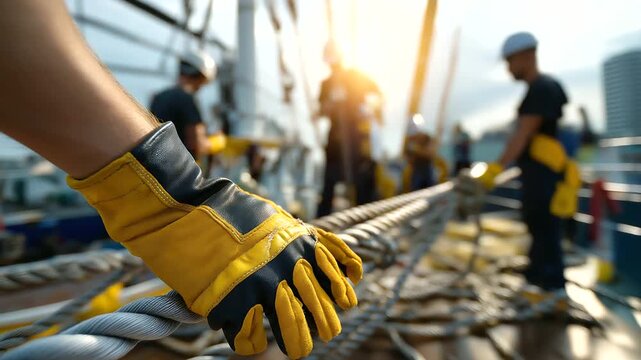 Close-up of gloves gripping heavy ropes, crew shapes blurred behind in defocused golden dawn atmosphere, with copy space