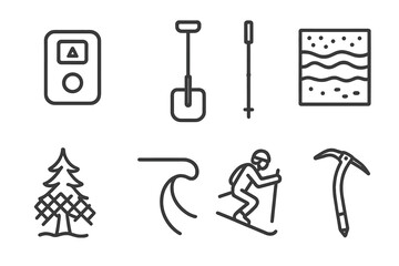 Obraz premium Avalanche Rescue Icons. Line style icons of Avalanche Rescue: Rescue Beacon, Shovel, Probe, Snowpack, Buried Tree, Cornice, Skier,