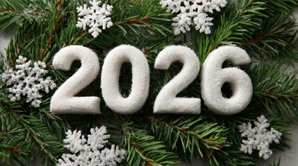 Frosted white “2026” numbers lie among green pine branches and glittering snowflakes, forming a crisp winter holiday composition with a clean, snowy festive mood.