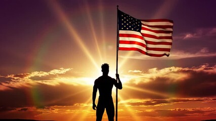 Silhouette of a person holding the American flag against a vibrant sunset sky representing patriotism and freedom - Powered by Adobe