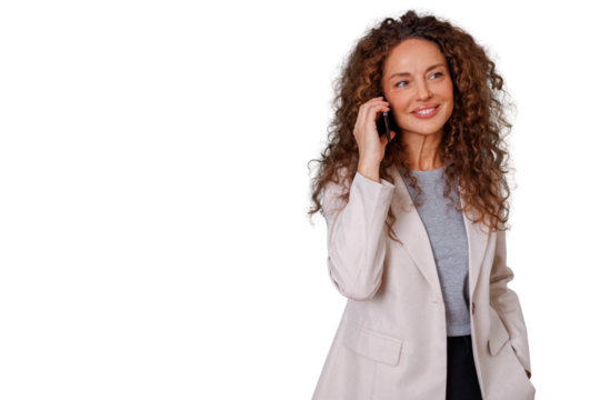 Businesswoman talking on phone, smiling while communicating, using mobile technology for remote work and connection on transparent background