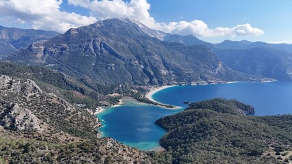 Mountain and Lagoon Landscape of Ölüdeniz – Aerial View of Turquoise Bay and Forested Slopes on the Mediterranean Coast of Turkey