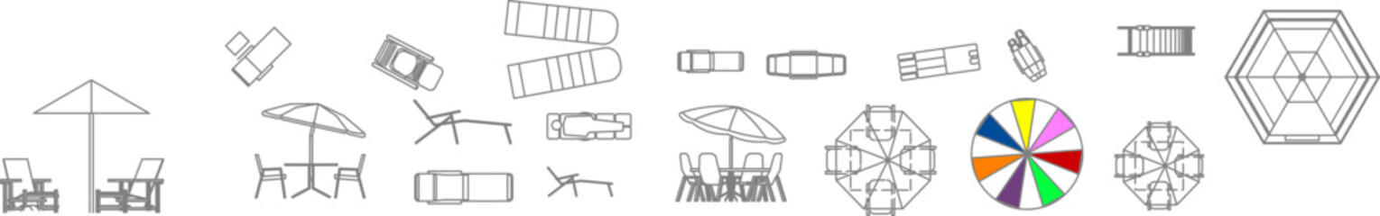 Top-down and side-view vector set of outdoor furniture, including sun loungers, umbrellas, and patio tables for landscape plans.