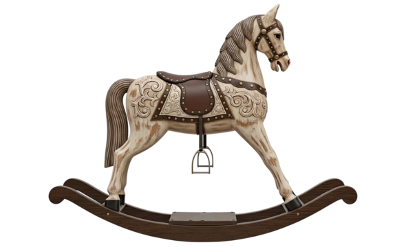An elegant vintage wooden rocking horse with distressed white paint and ornate carvings, featuring a brown leather saddle and bridle, stands isolated on a black background