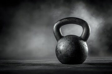 Heavy kettlebell on dark background with dramatic lighting and smoke effect, symbolizing strength training and fitness challenge.