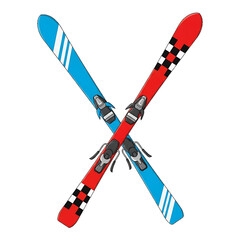 Crossed skis in red and blue with detailed bindings.