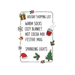 Holiday shopping list with small festive drawings.