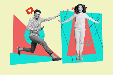 Creative artwork collage two people engaged in social media chat representing conversation digital connection