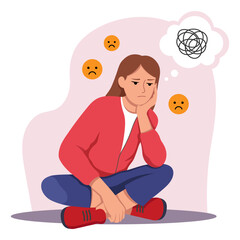 Unhappy girl sitting cross-legged looking stressed and anxious with sad emojis around her, flat cartoon style on light background. Concept of depression. Vector illustration