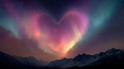 Obraz premium Magical heart-shaped aurora borealis illuminating night sky with vibrant pink and teal colors over snow-capped mountain range.