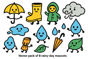 A collection of adorable hand-drawn vector illustrations featuring anthropomorphic rainy day elements like smiling clouds and raindrops.
