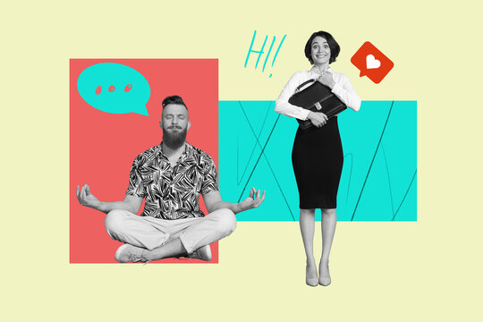 Collage of happy influencer like icon with heart symbolizing internet popularity social media trends