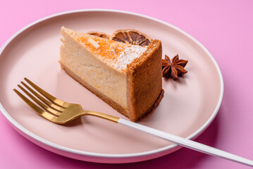 Cheesecake, a slice of sweet pie, a classic cheese dessert. Cheesecake as a food background