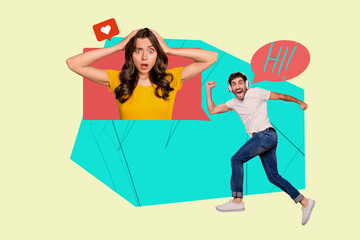 Collage of happy influencer like icon with heart symbolizing internet popularity social media trends