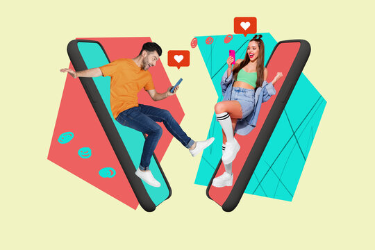 Collage of happy influencer like icon with heart symbolizing internet popularity social media trends