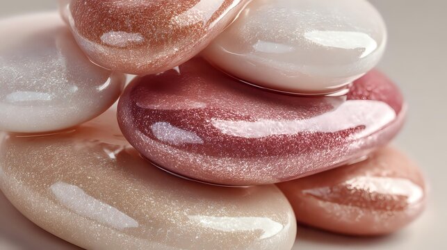 Shimmering smooth pebbles in soft pink, peach, and white tones stacked together with glossy, metallic finish on neutral background. - Powered by Adobe