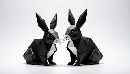Two black origami rabbits with white accents—facing each other in geometric folds