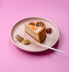 Cheesecake, a slice of sweet pie, a classic cheese dessert. Cheesecake as a food background