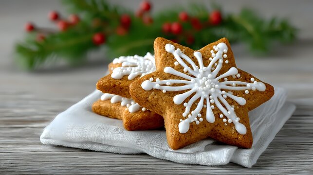 Homemade star-shaped gingerbread cookies decorated with white icing snowflake pattern on linen napkin with festive pine branches and red berries in background.