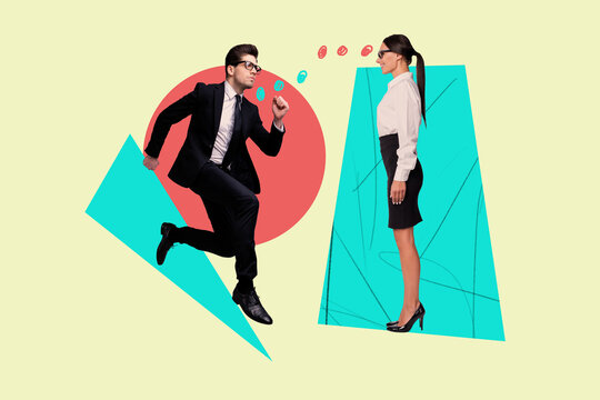 Collage of woman texting man illustrating communication connection through social media dating app chat advert