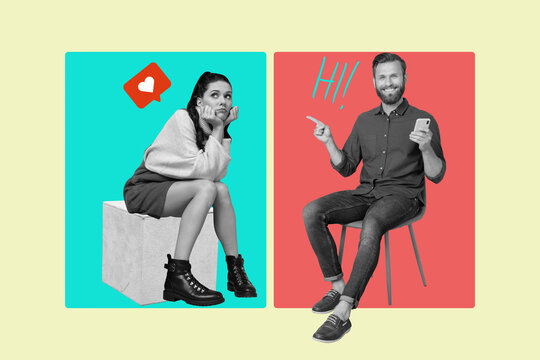 Collage of happy influencer like icon with heart symbolizing internet popularity social media trends