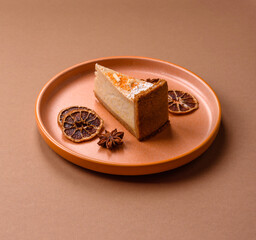 Cheesecake, a slice of sweet pie, a classic cheese dessert. Cheesecake as a food background