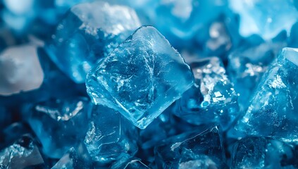 Macro view of blue crystal formations with translucent ice-like structures creating a cool, refreshing atmosphere for wellness and luxury product backgrounds.