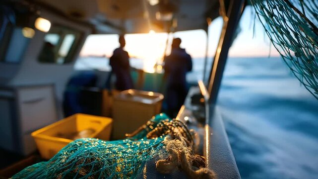 Defocused fishing boat interior with faceless crew moving in unified rhythm, focus on nets and ropes lit by soft golden dawn, with copy space