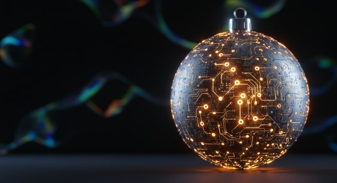 Futuristic ornament designed like glowing digital circuit sphere - Powered by Adobe