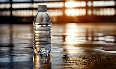 Clear plastic water bottle on wet surface with golden sunset light creating reflections, ideal for hydration and wellness concepts.