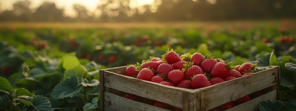 Fresh strawberries in wooden crate at sunset in farm field, showcasing ripe red berries ready for harvest against blurred green foliage background.