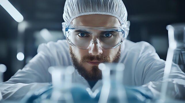 Focused scientist with beard wearing protective gear examining laboratory glassware in modern research facility.