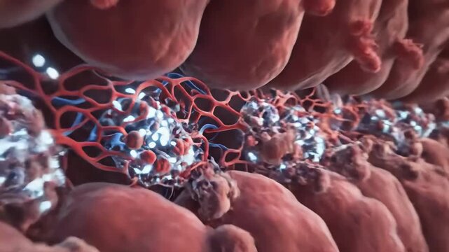 d animation illustrating nutrient exchange in intestinal microstructures, advanced medical animation demonstrating how nutrients are absorbed through intestinal villi and capillaries