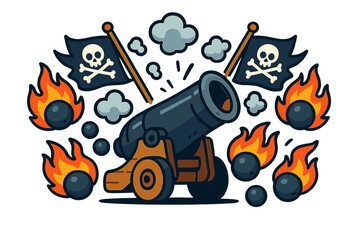 Pirate Cannon Explosion. Cannon in the center with cannonballs, flames, smoke, and flags radiating outward in pirate symmetry,