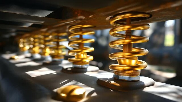 Defocused shot of metal suspension springs under a freight car, warm sunlight creating golden reflections on aged steel, with copy space.