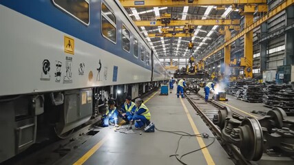 technicians examine train undercarriage, maintenance team checks train chassis inside depot, engineers collaboratively troubleshoot and replace parts on train undercarriage in workshop