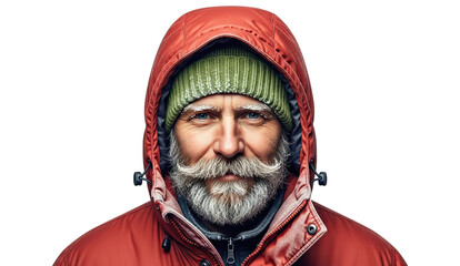 Intense close-up portrait of a rugged man with a frosty white beard and mustache, wearing a red winter jacket and a green beanie, looking directly at the viewer on a dark background