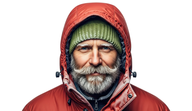 Intense close-up portrait of a rugged man with a frosty white beard and mustache, wearing a red winter jacket and a green beanie, looking directly at the viewer on a dark background