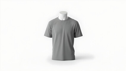 Full view of a gray t-shirt on a white mannequin torso against a bright white background.