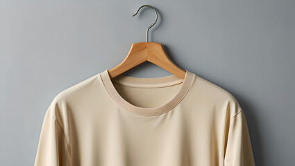 Minimalist Beige T-Shirt on Hanger with Grey Background
