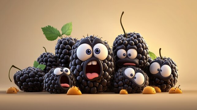 Animated blackberries with expressive faces and arms create a lively, cheerful scene. The image captures playfulness, creativity, and lighthearted joy.