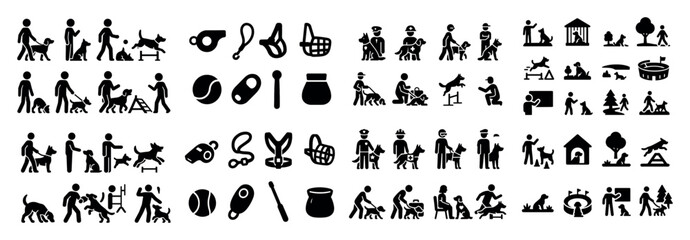 Dog training and care icons set