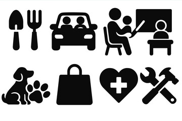 Shared Services Icons. Solid style icons of shared services: gardening tools, carpool, babysitting, tutoring, pet care, home