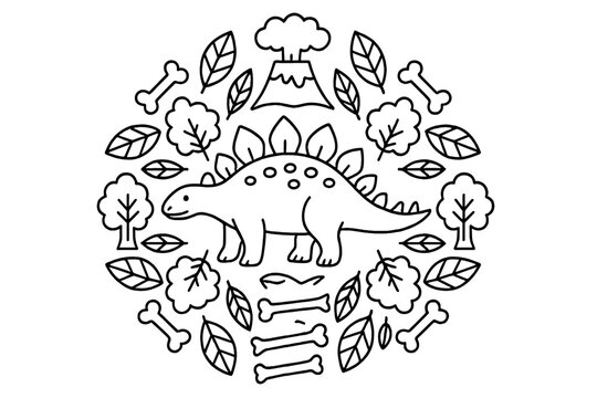 Stegosaurus Mandala Design. Stegosaurus in the center with leaves, trees, volcano smoke, and bones forming a balanced mandala
